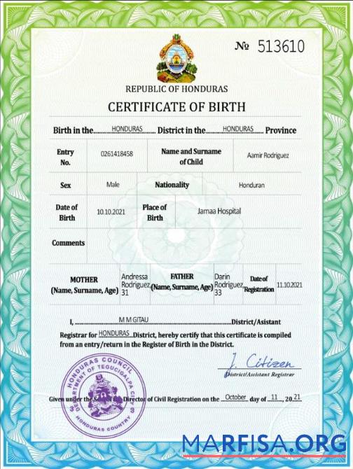 Downloadable Honduras vital record birth certificate PSD download for verification